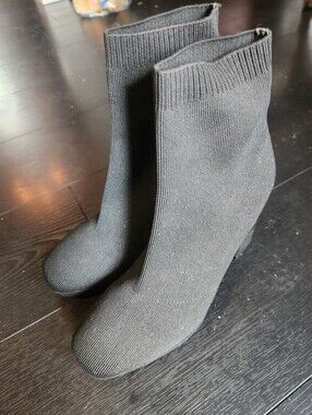 Black Knit Sock Booties with Block Heel - Women